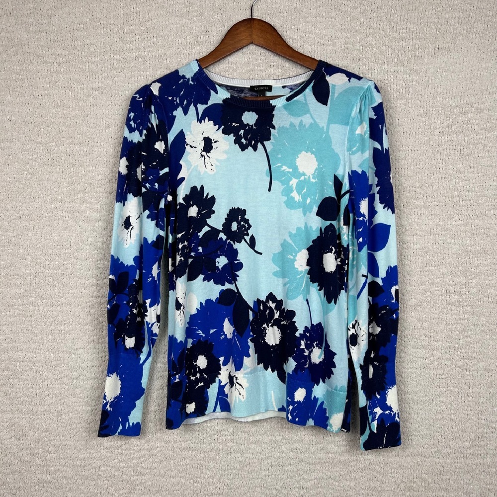 Talbots Sweater Womens Small Blue Multi Floral Knitted Puff Sleeves Pullover Top